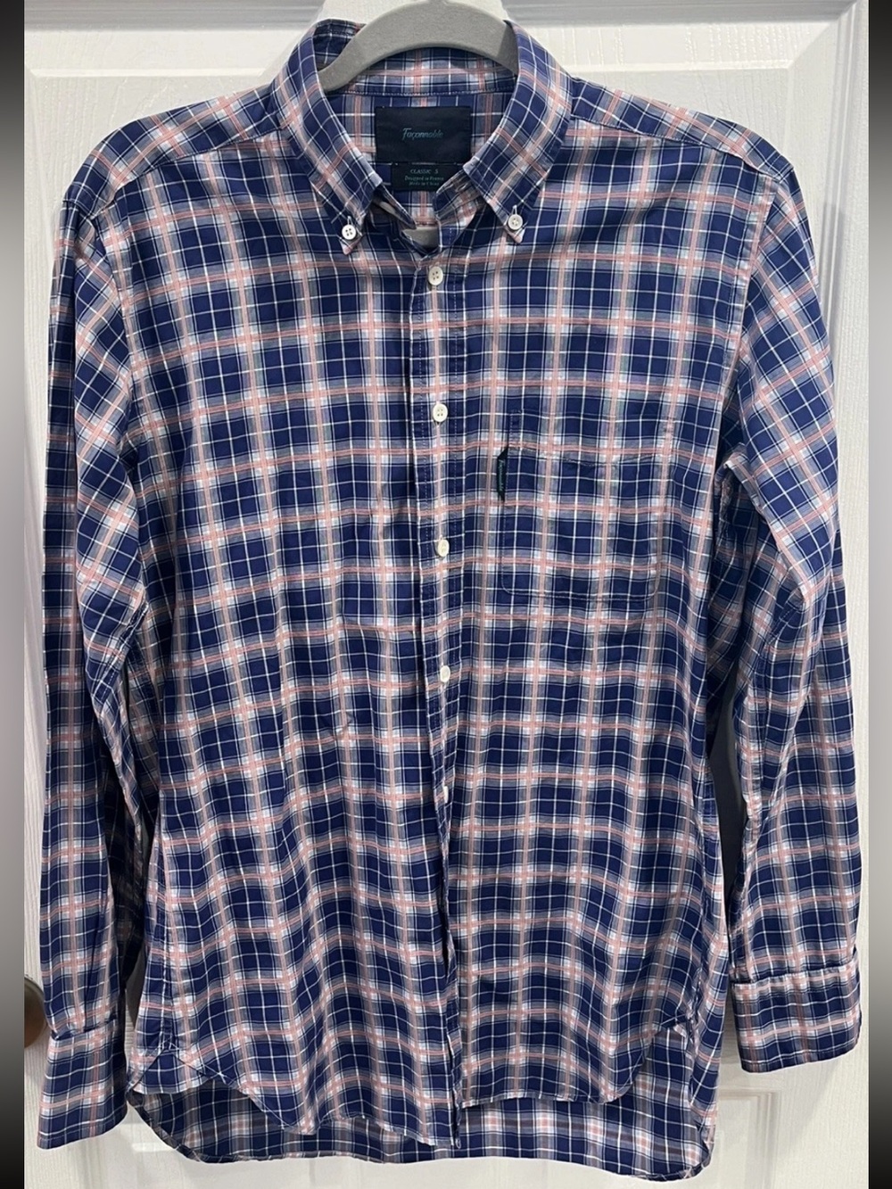 Faconnable Classic Fit Button Down Shirt Men’s Small Blue Plaid Long Sleeve